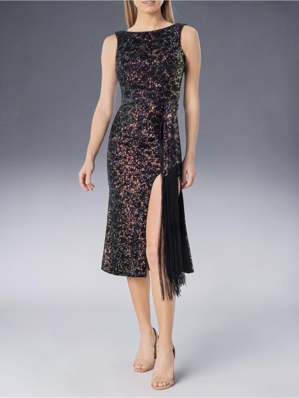 NWT Dress the Population Karlie Sequin Tie Waist Fringe Dress Size M #D6480